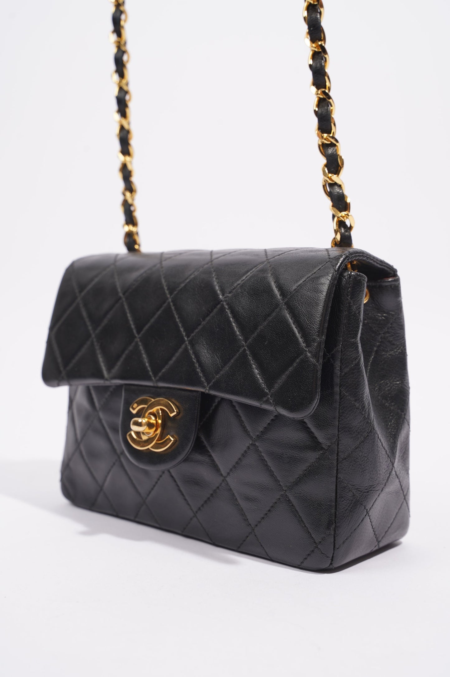Chanel Womens Vintage Lambskin Square Flap Bag Black   Gold Mini