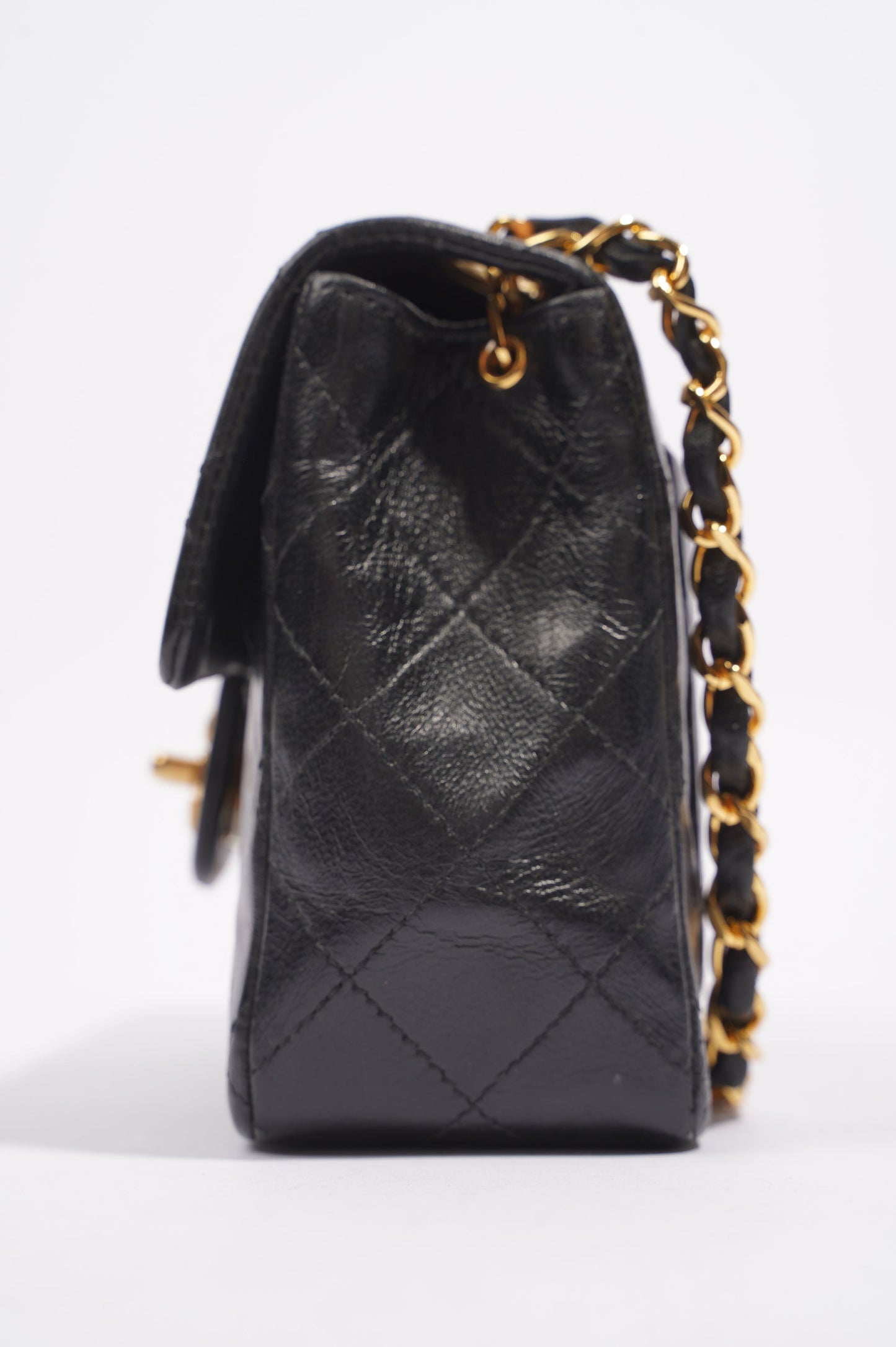 Chanel Womens Vintage Lambskin Square Flap Bag Black   Gold Mini