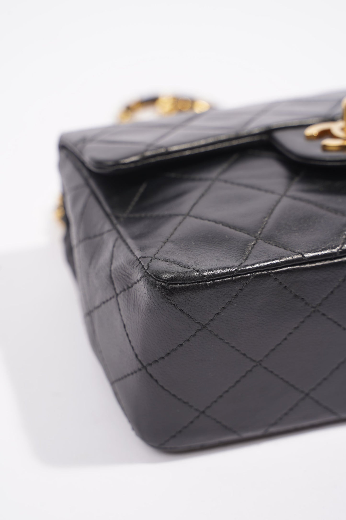 Chanel Womens Vintage Lambskin Square Flap Bag Black   Gold Mini