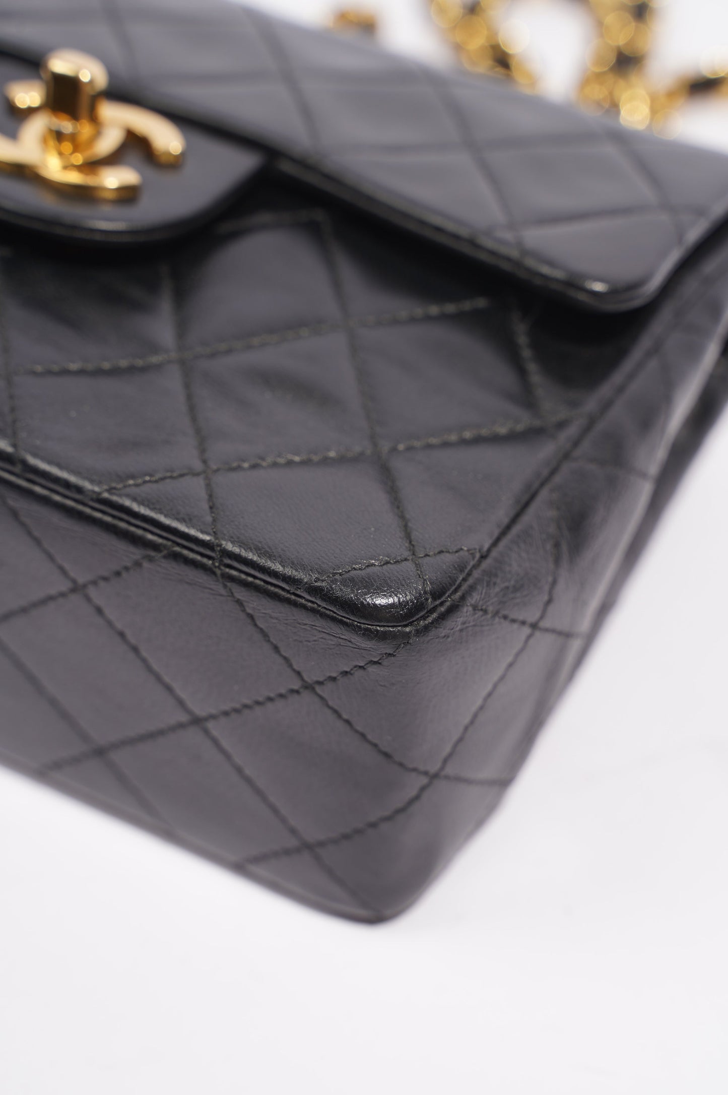 Chanel Womens Vintage Lambskin Square Flap Bag Black   Gold Mini