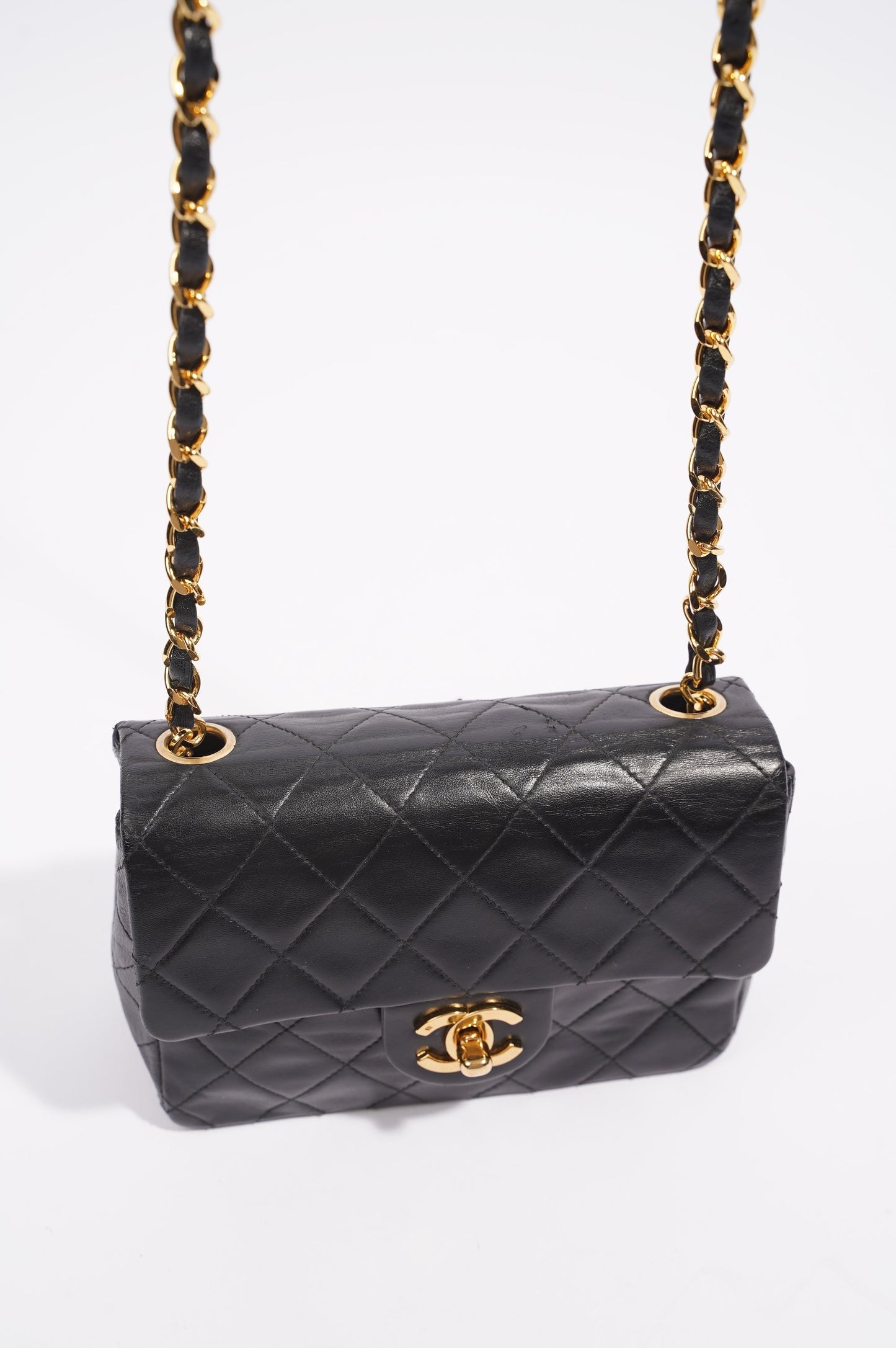 Chanel Womens Vintage Lambskin Square Flap Bag Black   Gold Mini