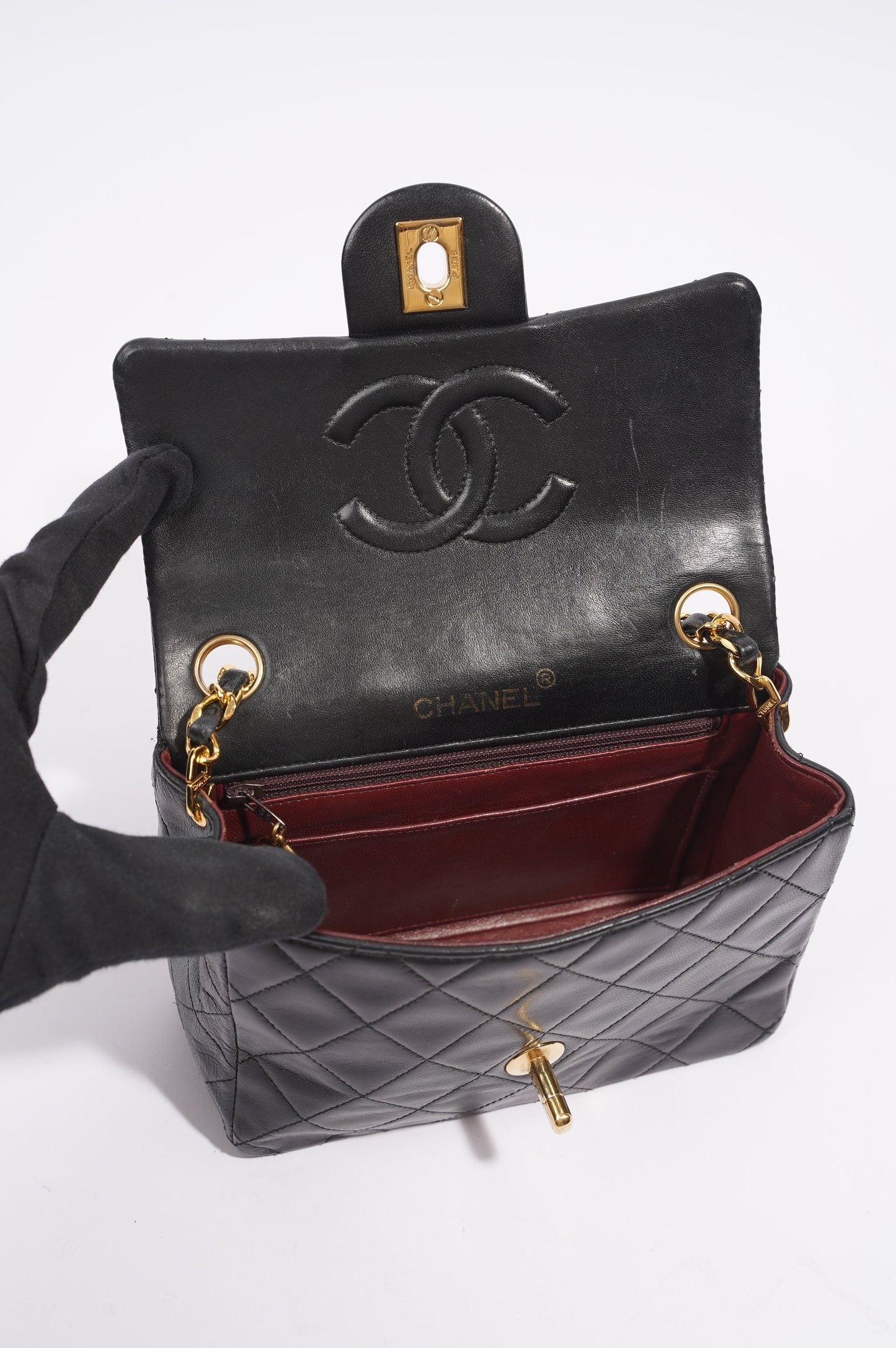 Chanel Womens Vintage Lambskin Square Flap Bag Black   Gold Mini