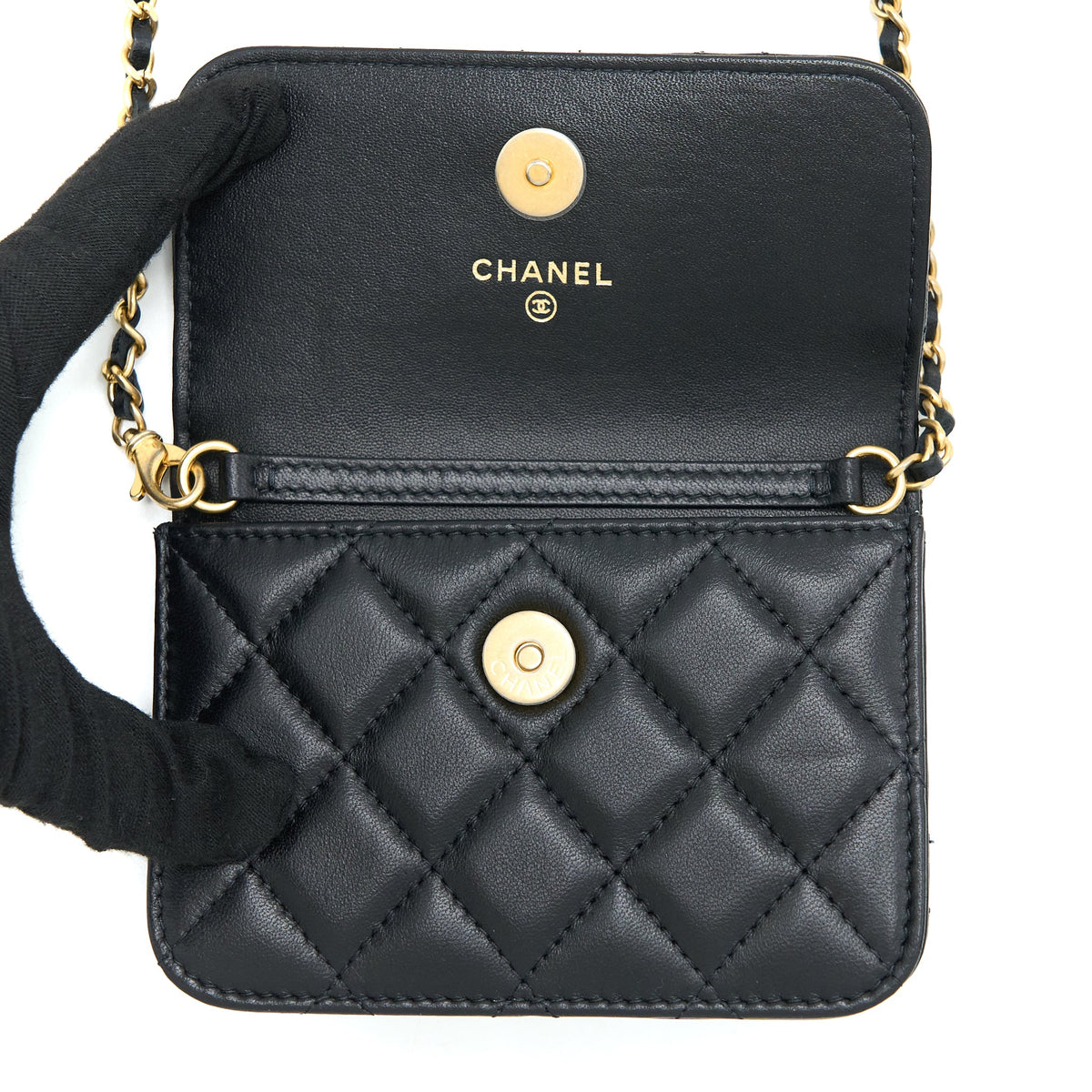Chanel Pearl Crush Mini Flap Belt Bag with Chain Lambskin Black Brushed GHW