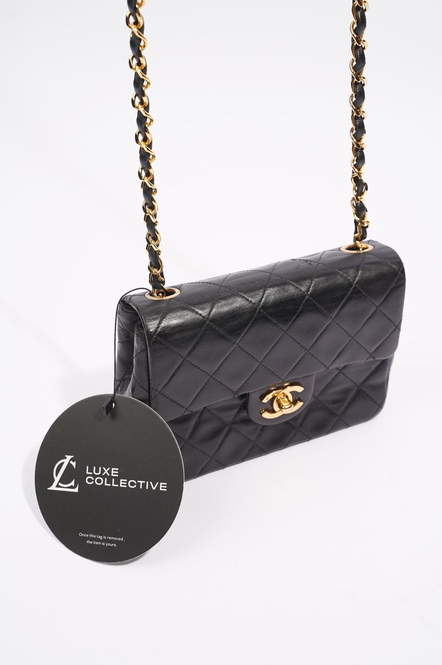 Chanel Womens Vintage Lambskin Square Flap Bag Black   Gold Mini