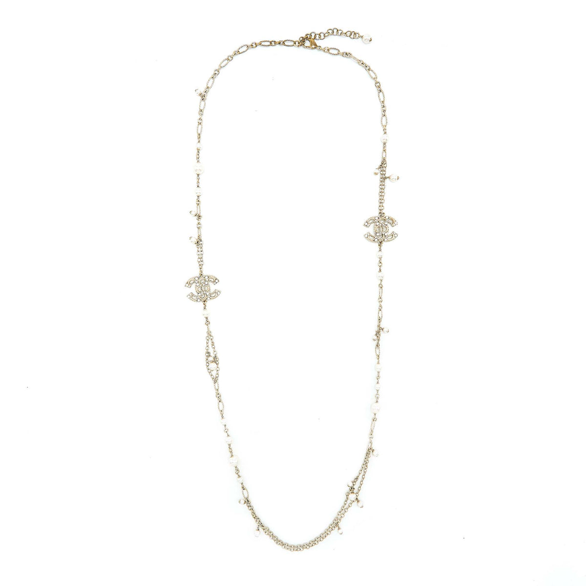 Chanel Mini Pearl CC Logo Long Necklace Light Gold Tone