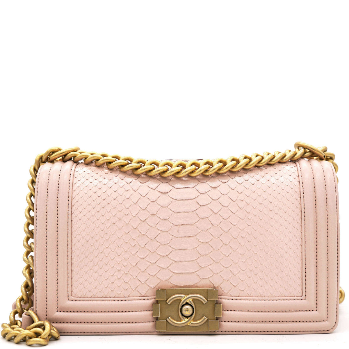 Chanel Pink Quilted Snakeskin Old Medium Boy Bag