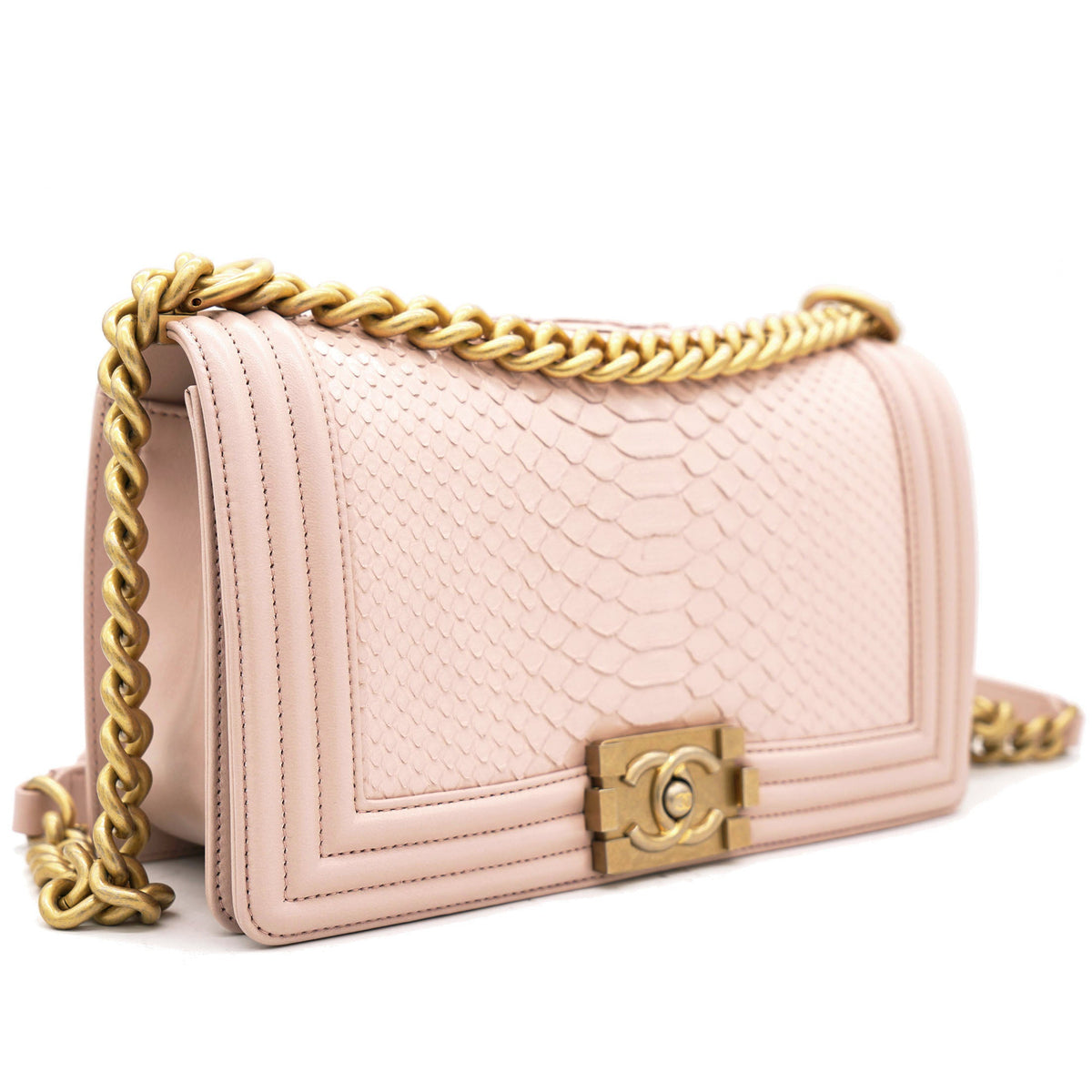 Chanel Pink Quilted Snakeskin Old Medium Boy Bag