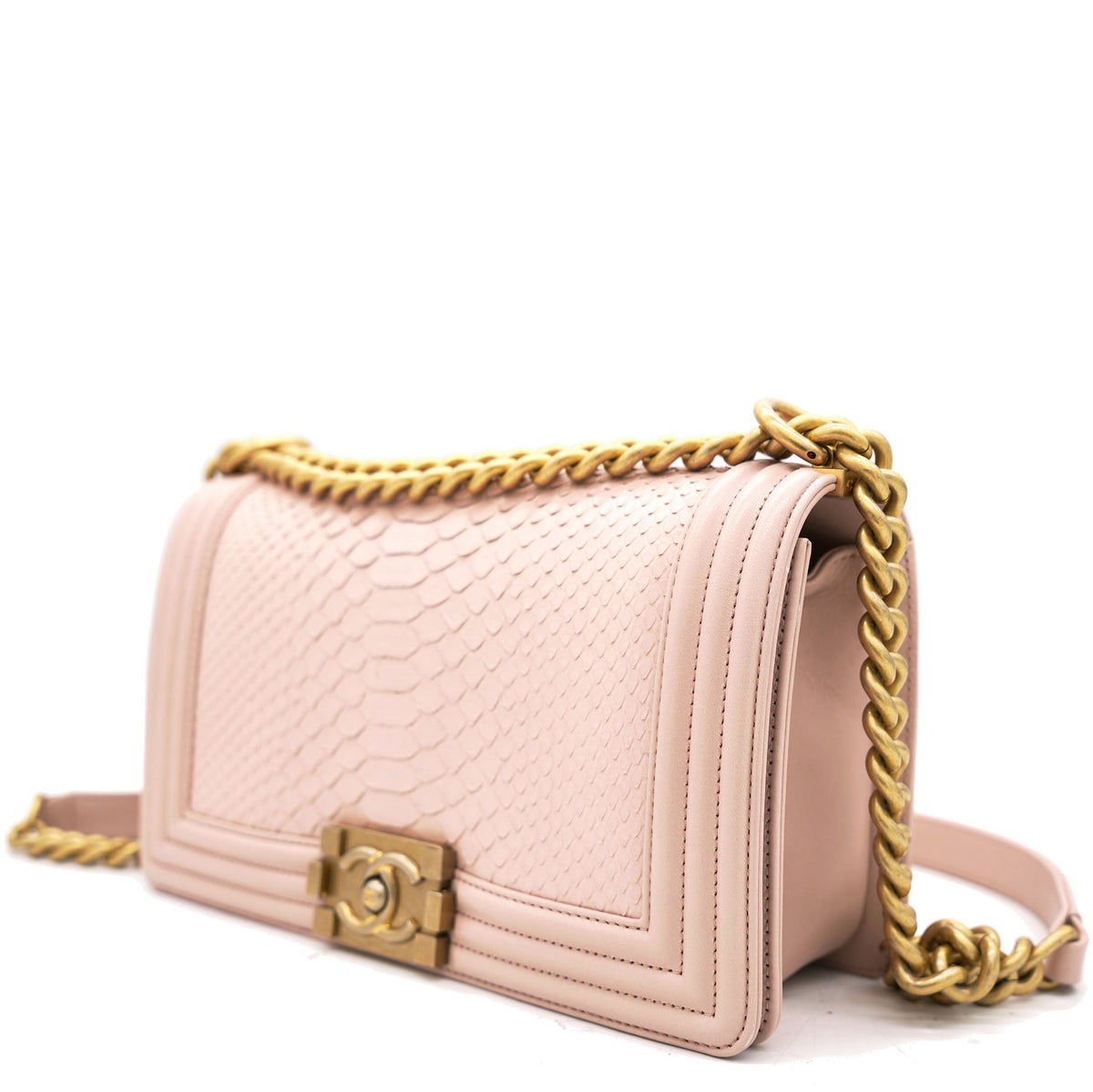 Chanel Pink Quilted Snakeskin Old Medium Boy Bag