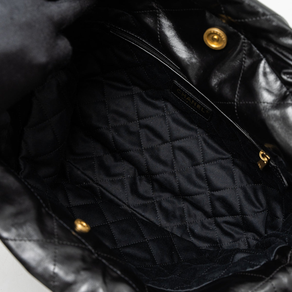 Chanel Small 22 Bag Gold Letter Shiny Calfskin Black Brushed GHW (Microchip)
