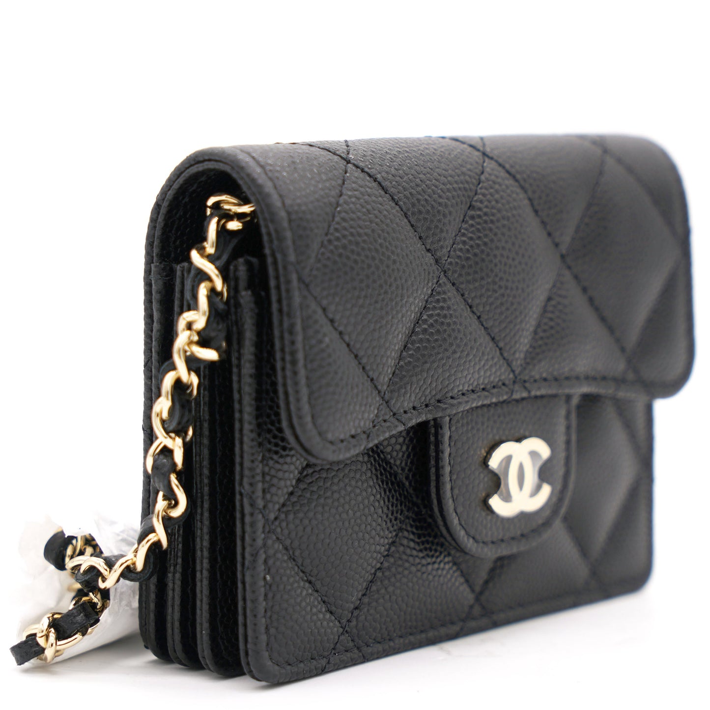 Chanel Black Caviar Leather Flap Card Holder with Chain