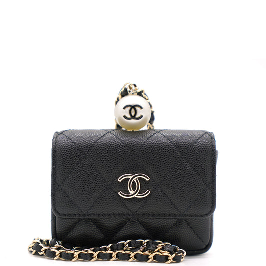 Chanel Black Caviar Leather Pearl Flap Card Holder with Short Chain