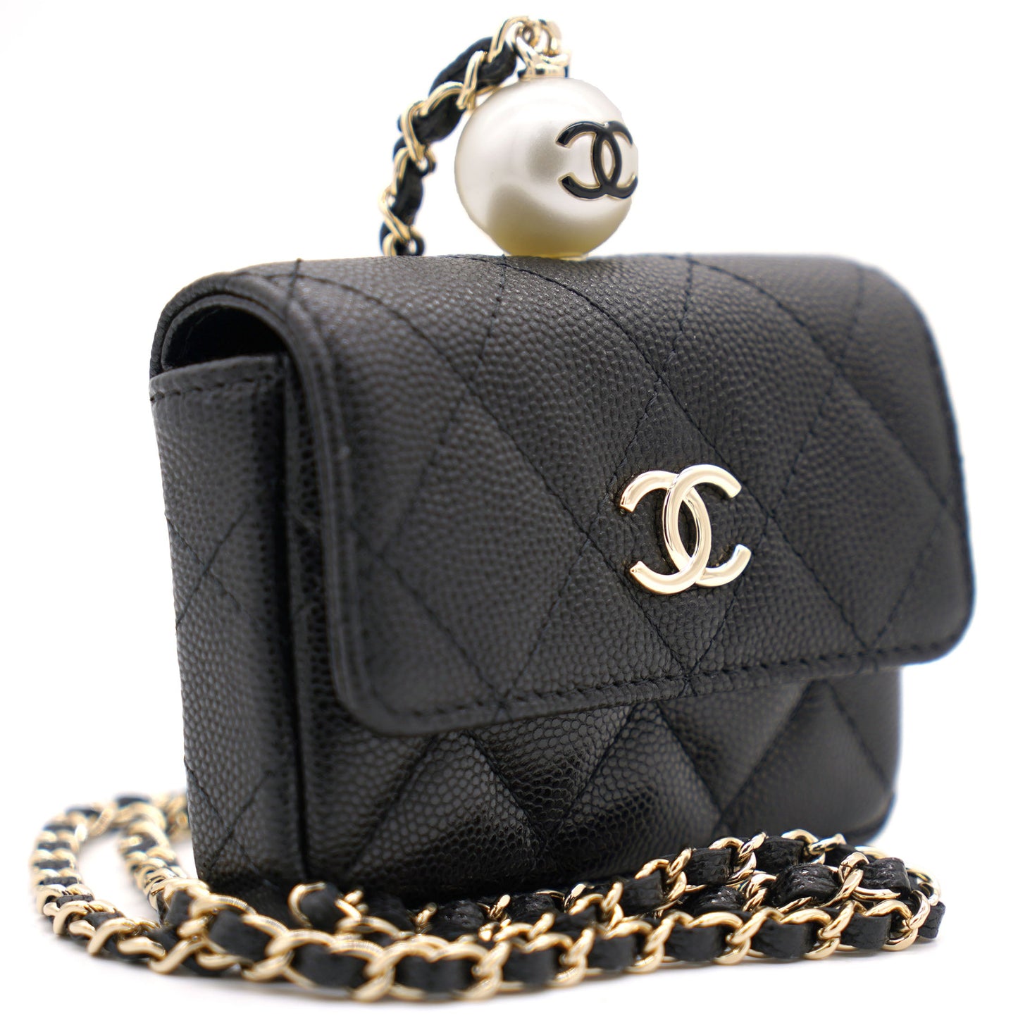 Chanel Black Caviar Leather Pearl Flap Card Holder with Short Chain