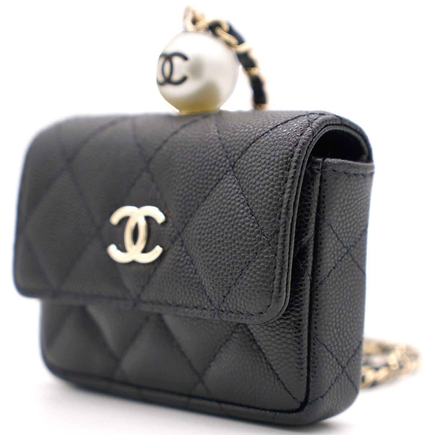 Chanel Black Caviar Leather Pearl Flap Card Holder with Short Chain