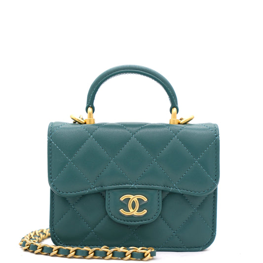 Chanel Green Quilted Leather Nano Top Handle Square Classic Flap Bag