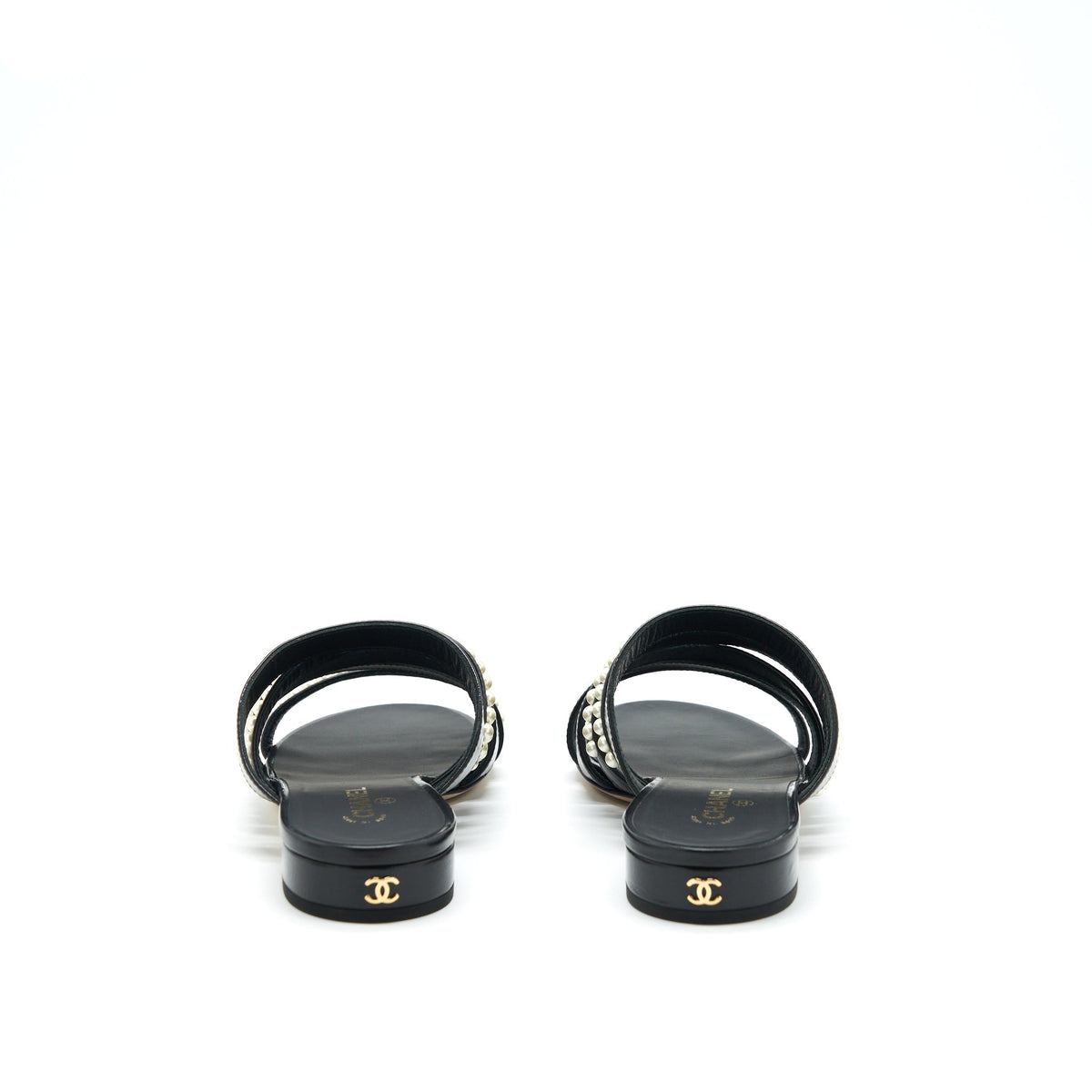 Chanel Size 37 Leather And Pearl Sandal Black