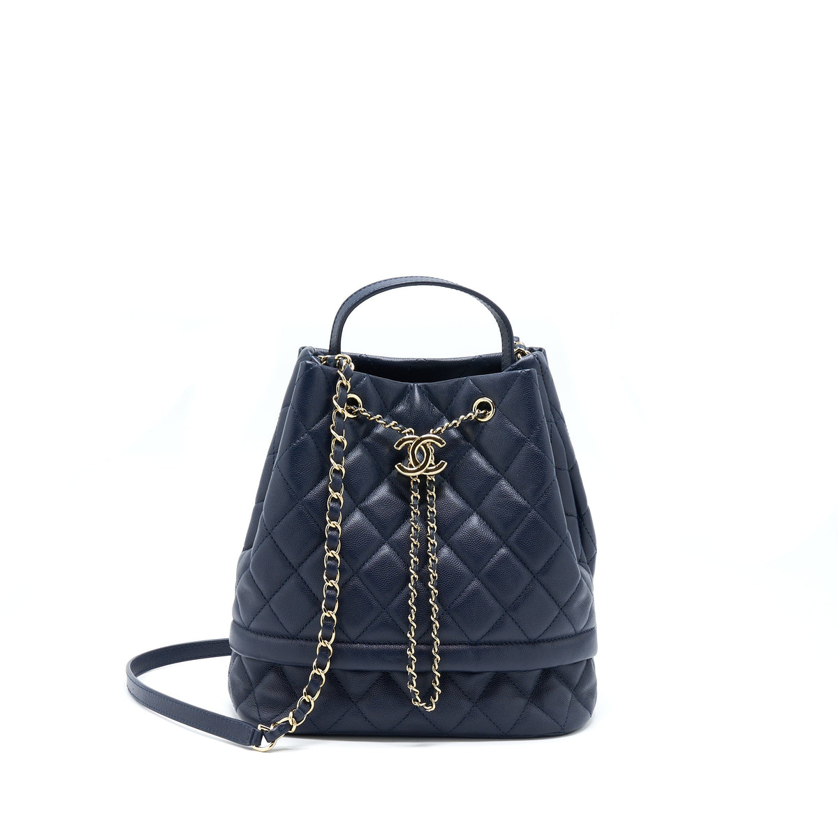 Chanel Top Handle Bucket Bag Caviar Navy Blue LGHW