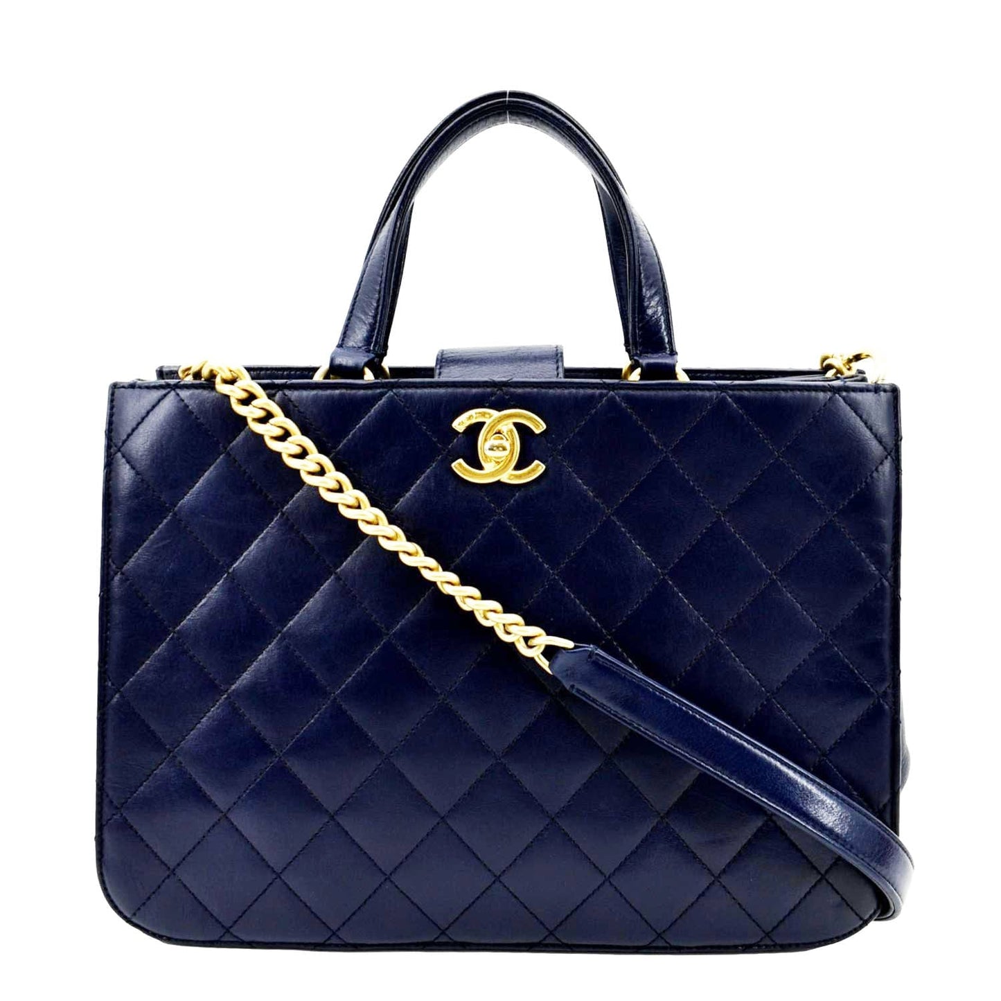 CHANEL Small Straight Lined Shopping Quilted Leather Tote Bag Blue