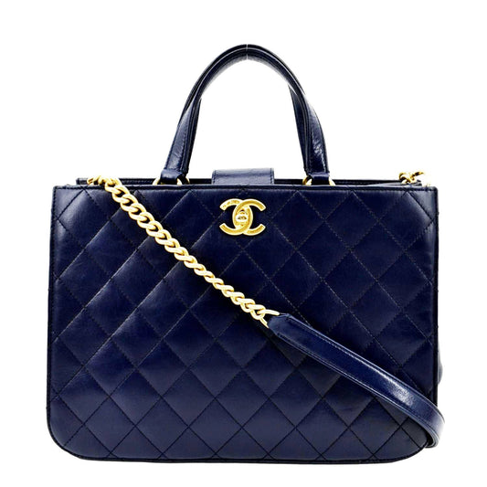 CHANEL Small Straight Lined Shopping Quilted Leather Tote Bag Blue