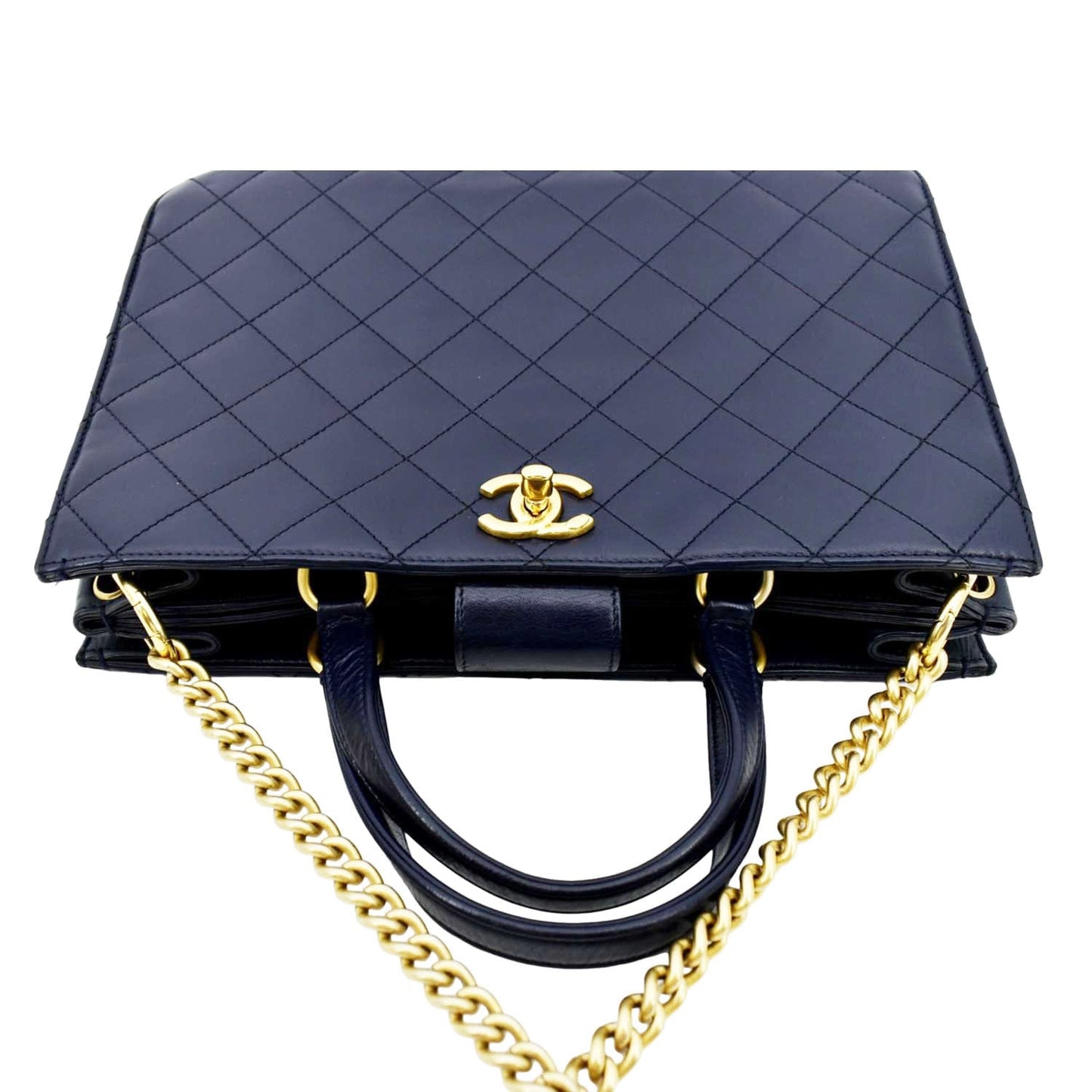 CHANEL Small Straight Lined Shopping Quilted Leather Tote Bag Blue