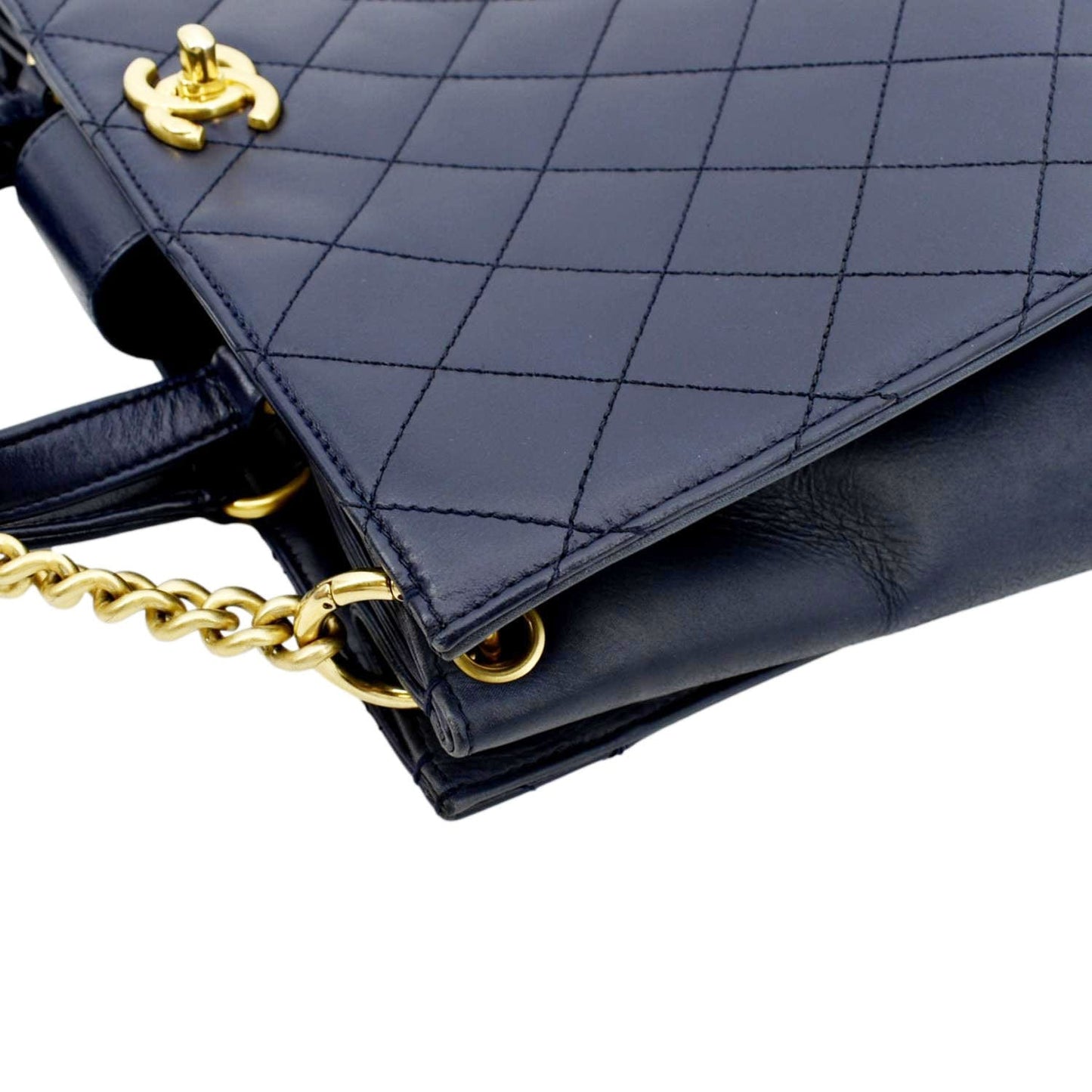 CHANEL Small Straight Lined Shopping Quilted Leather Tote Bag Blue