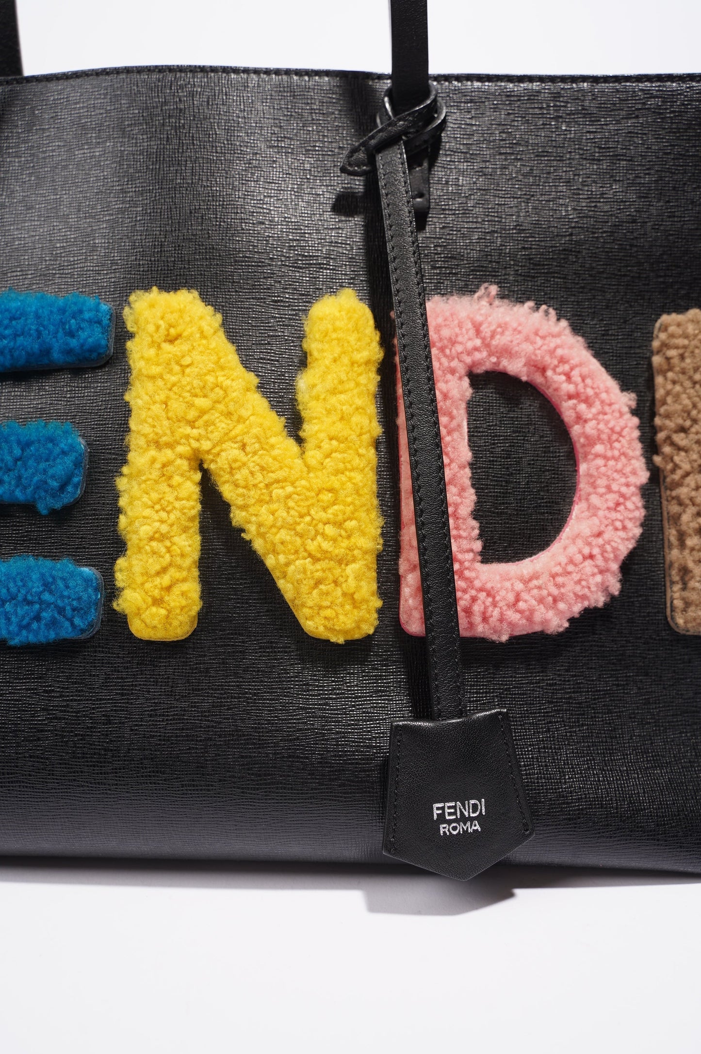 Fendi Logo Roll Tote Black Leather / Shearling Large