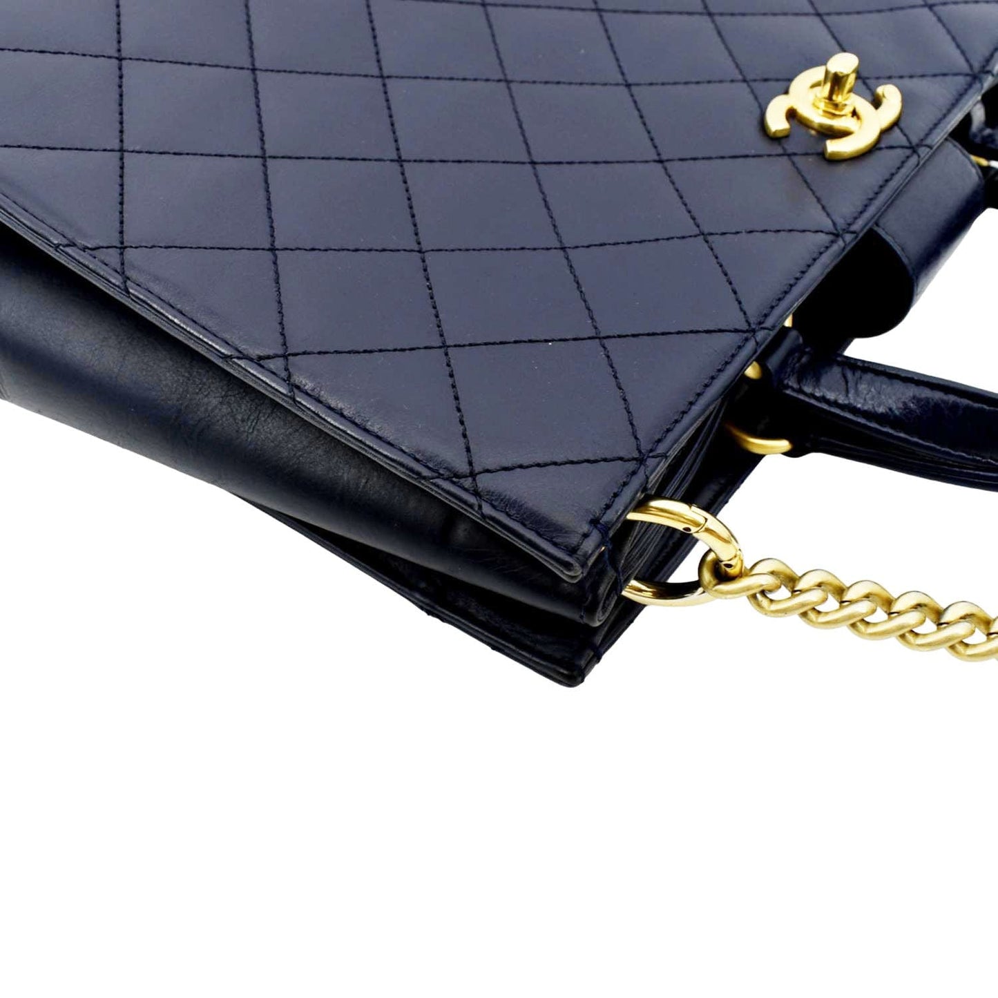 CHANEL Small Straight Lined Shopping Quilted Leather Tote Bag Blue