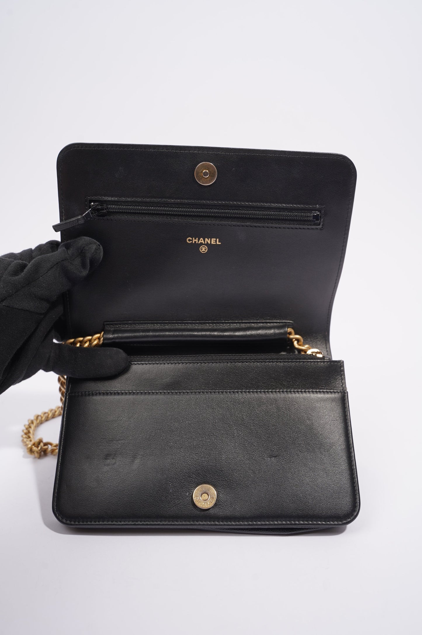 Chanel Womens Boy Wallet On Chain Black Caviar   Gold