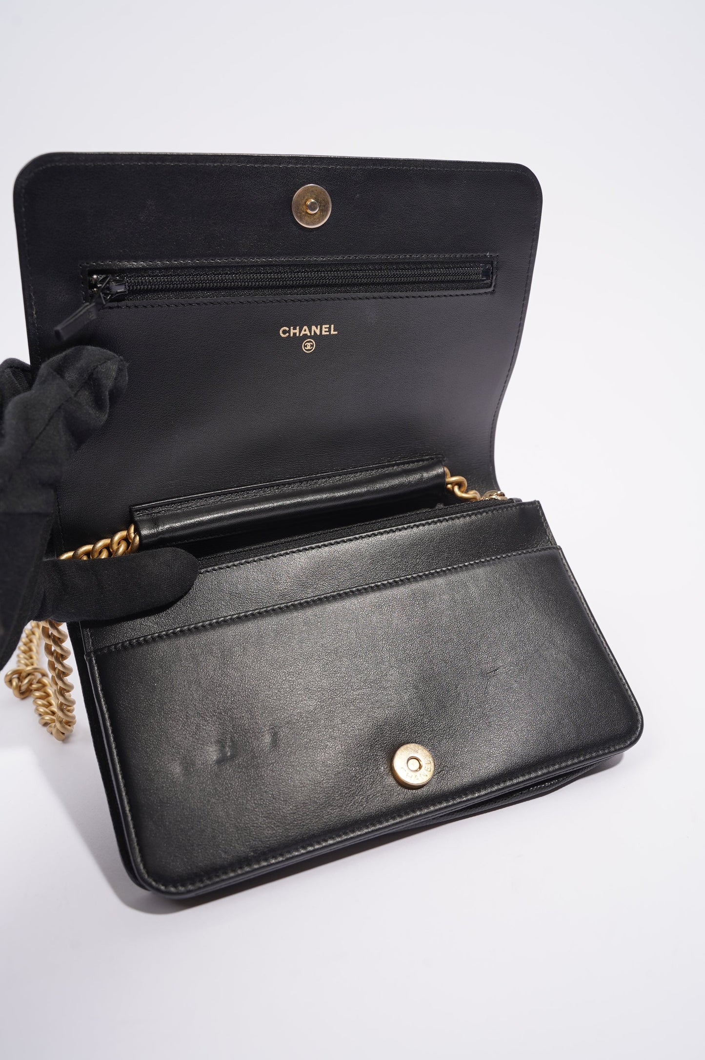 Chanel Womens Boy Wallet On Chain Black Caviar   Gold