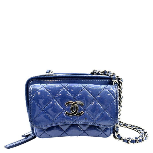 CHANEL Small Pocket Box Quilted Patent Leather Crossbody Camera Bag Blue