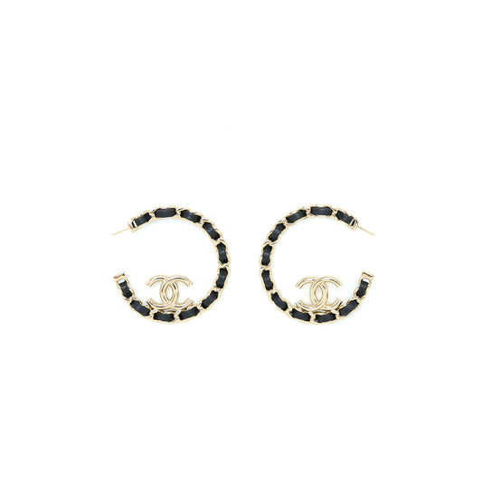 Chanel 22P Round CC With Black Leather Earrings Light Gold Tone