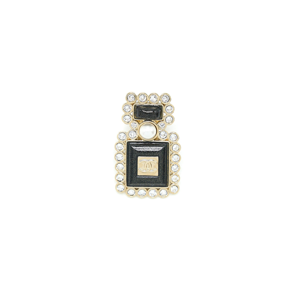 Chanel Perfume Bottle CC Logo Brooch Crystal/Pearl Black Light Gold Tone