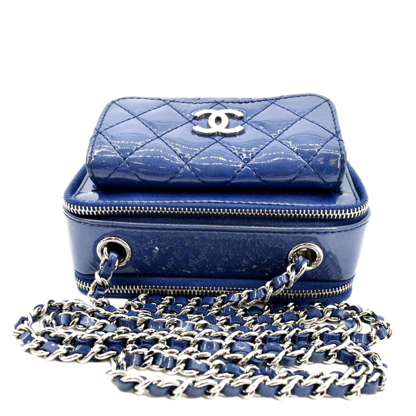 CHANEL Small Pocket Box Quilted Patent Leather Crossbody Camera Bag Blue