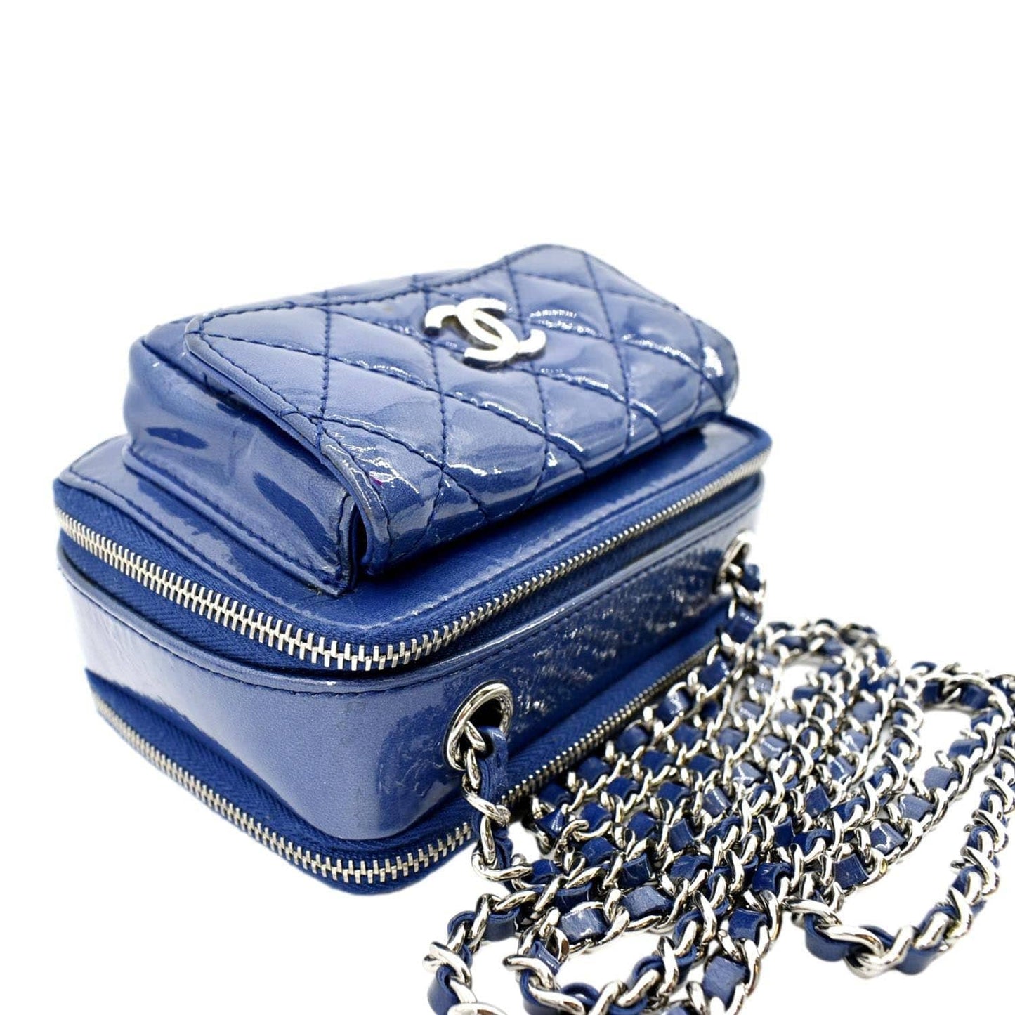 CHANEL Small Pocket Box Quilted Patent Leather Crossbody Camera Bag Blue