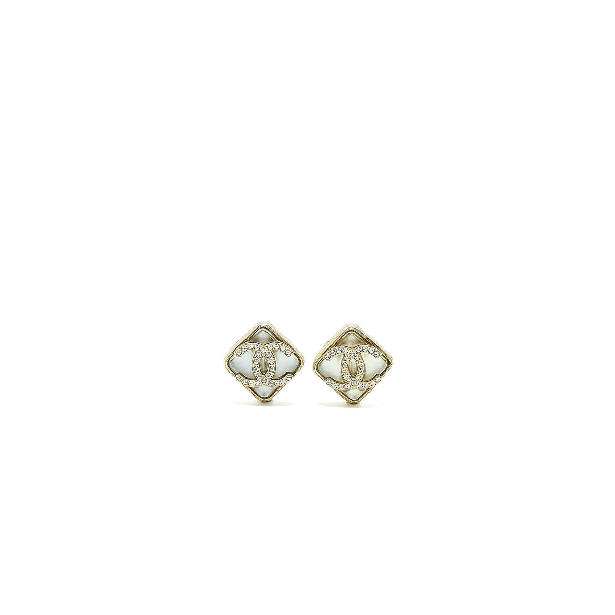 Chanel Square And CC Logo Large Model Earrings Light Gold Tone