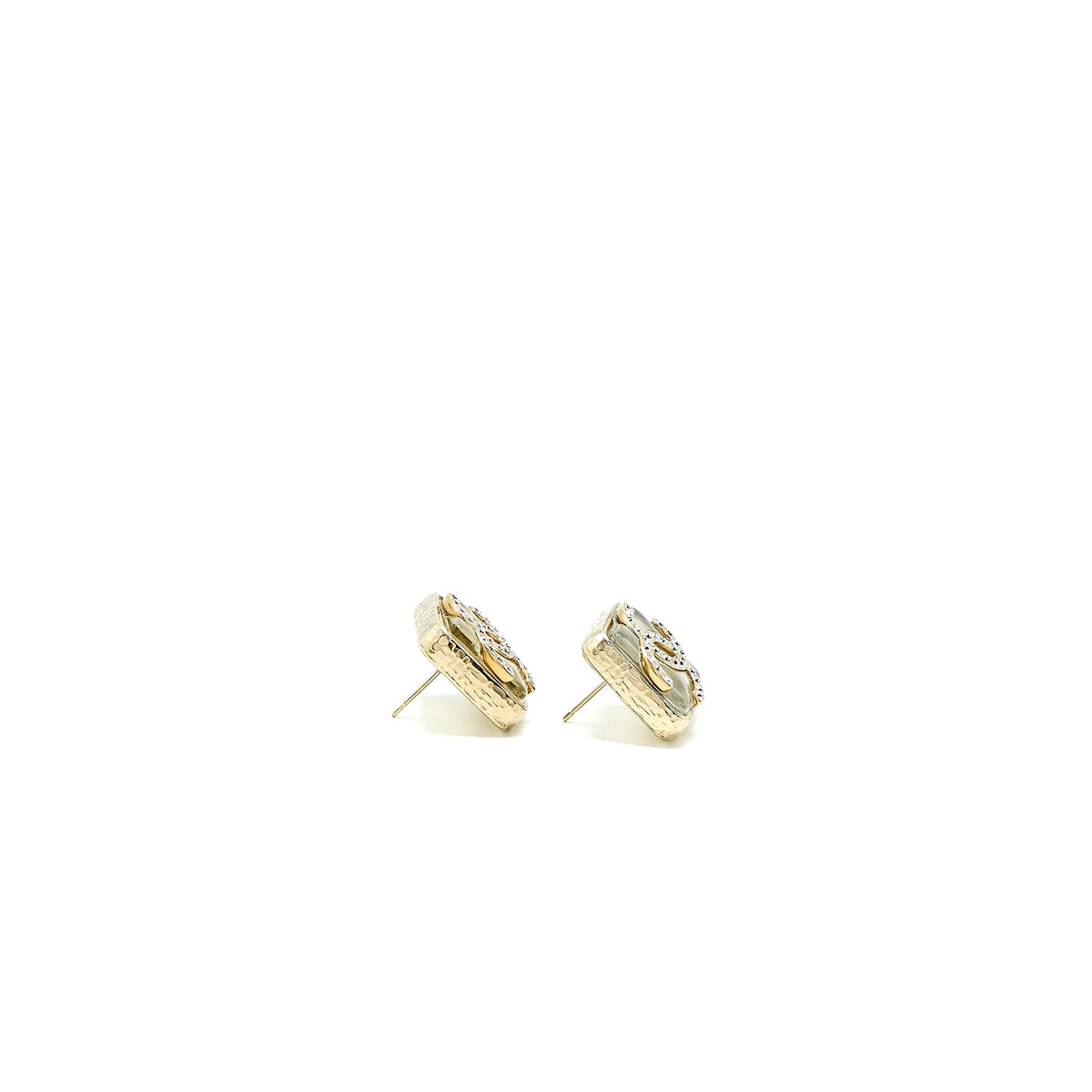 Chanel Square And CC Logo Large Model Earrings Light Gold Tone
