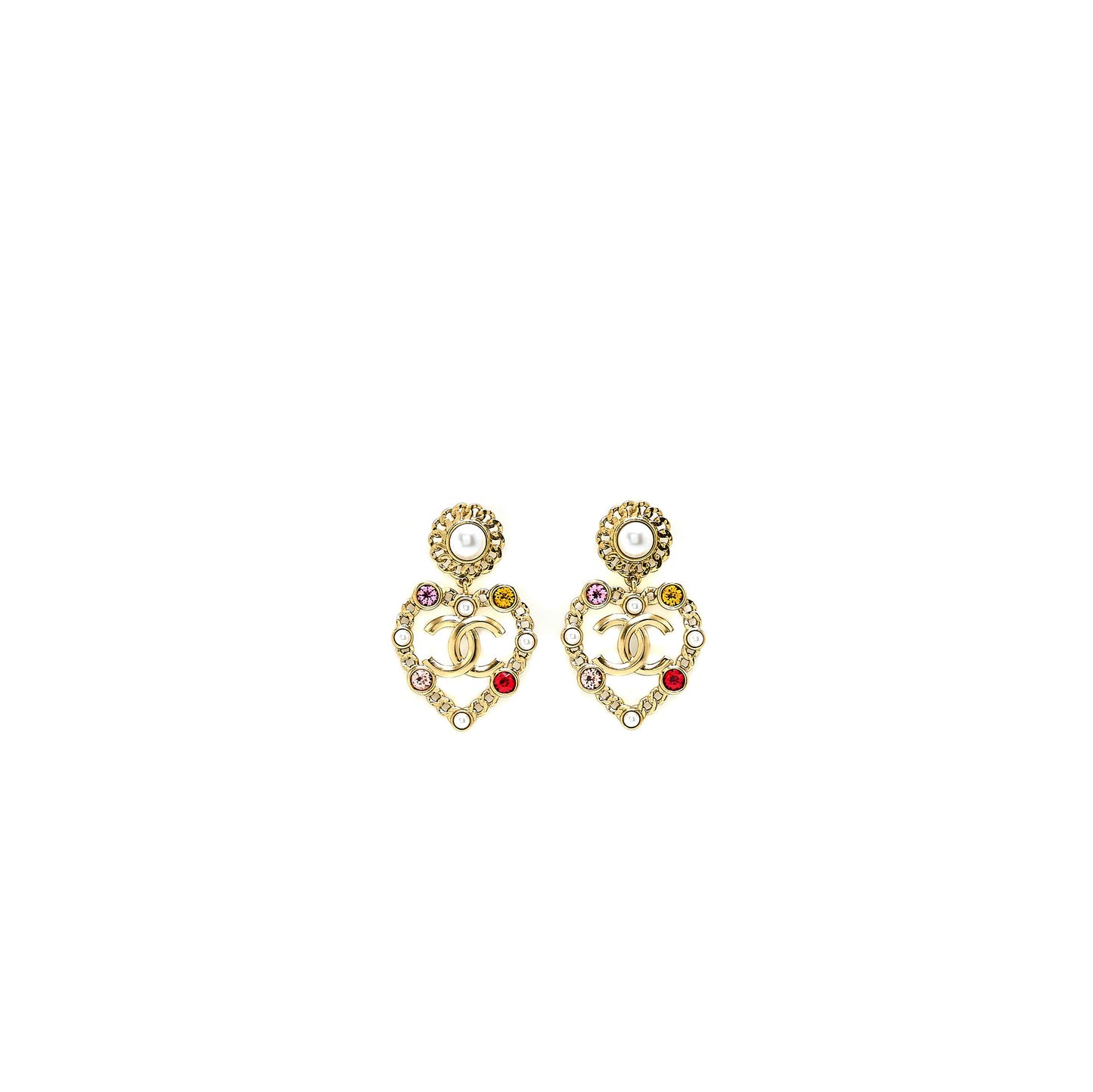 Chanel Giant Heart Drop Earrings Gold Tone Multicolour