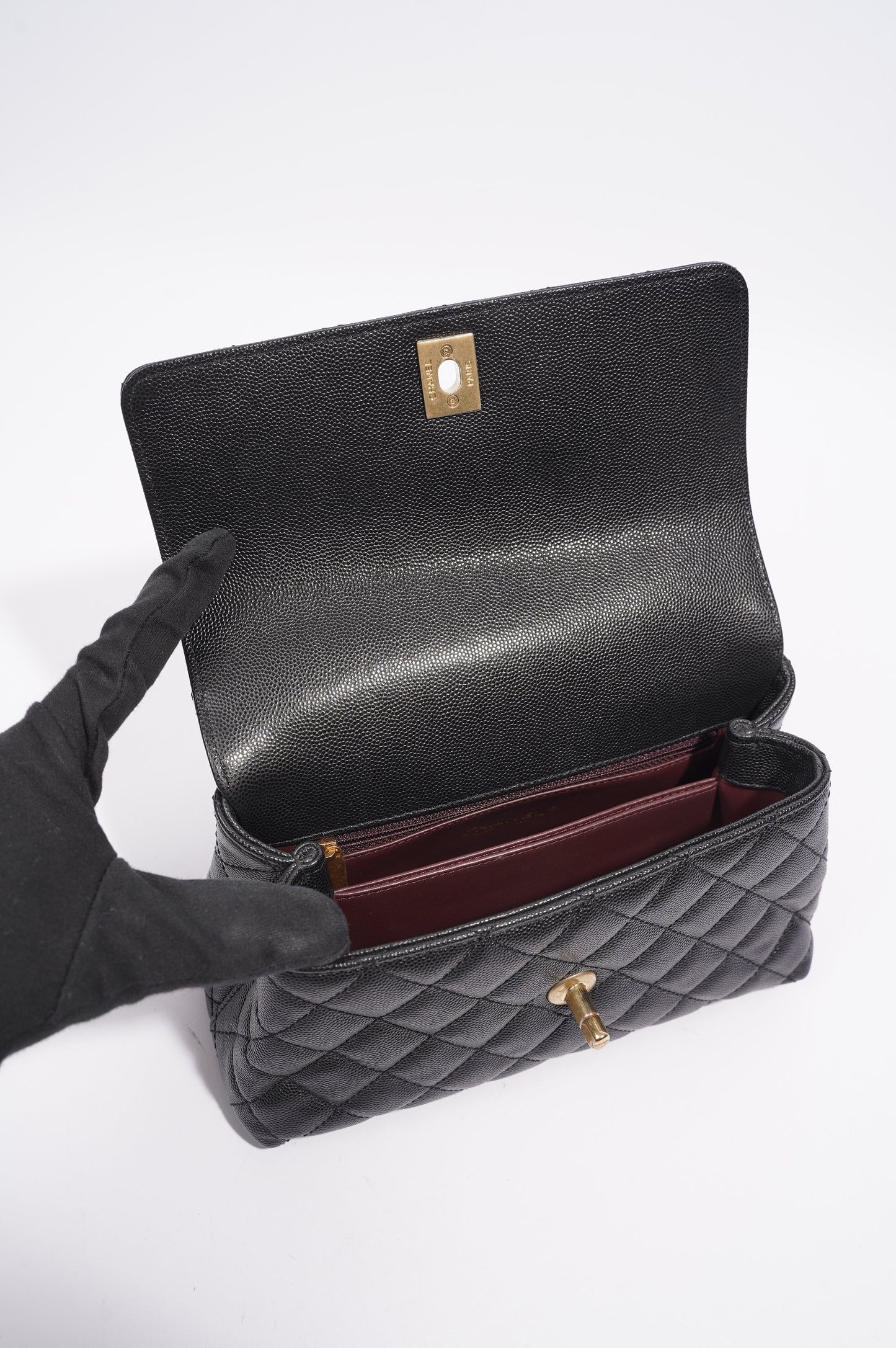 Chanel Womens Coco Top Handle Black Caviar Leather Small