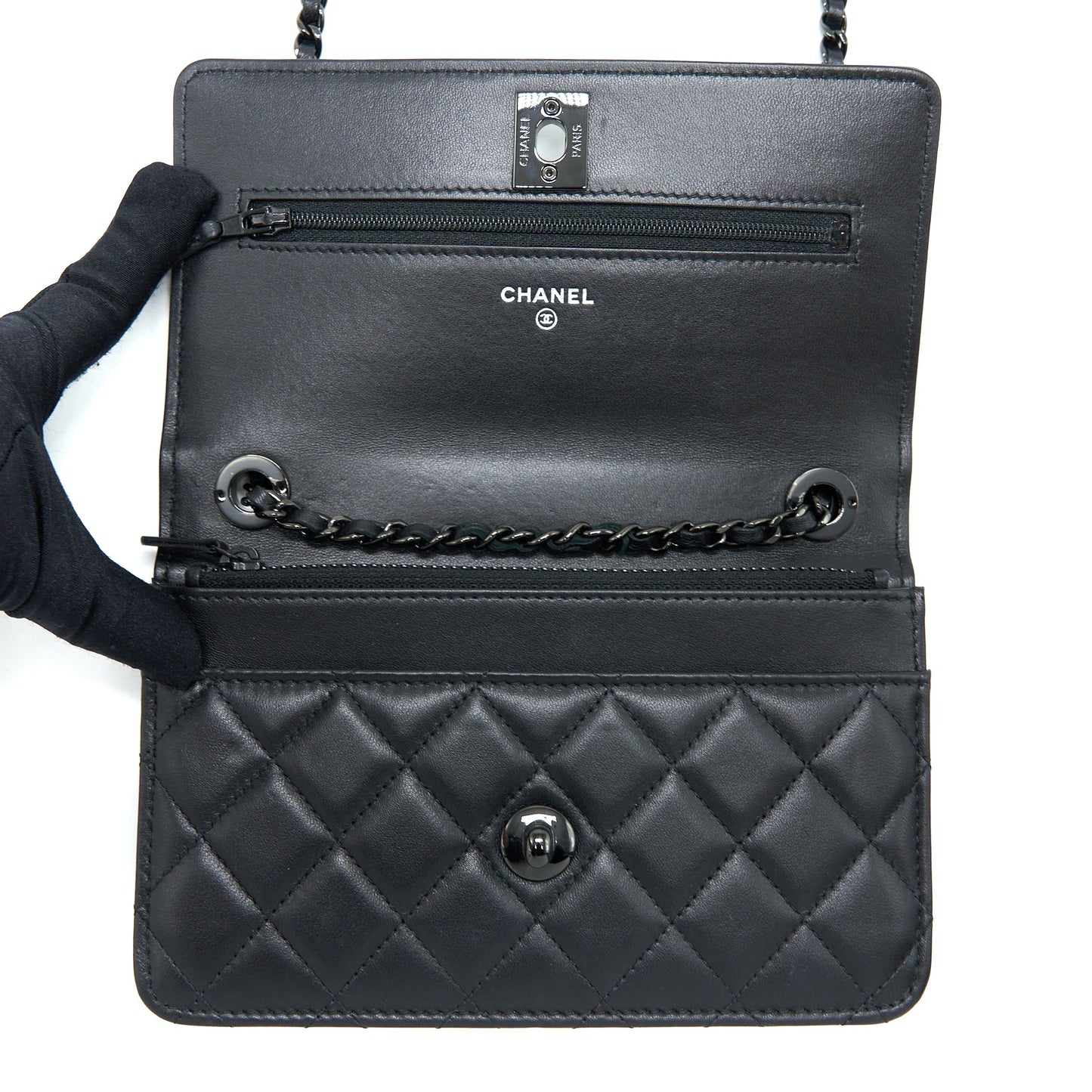 Chanel Trendy CC Wallet on Chain Lambskin So Black with Black Hardware (Microchip)