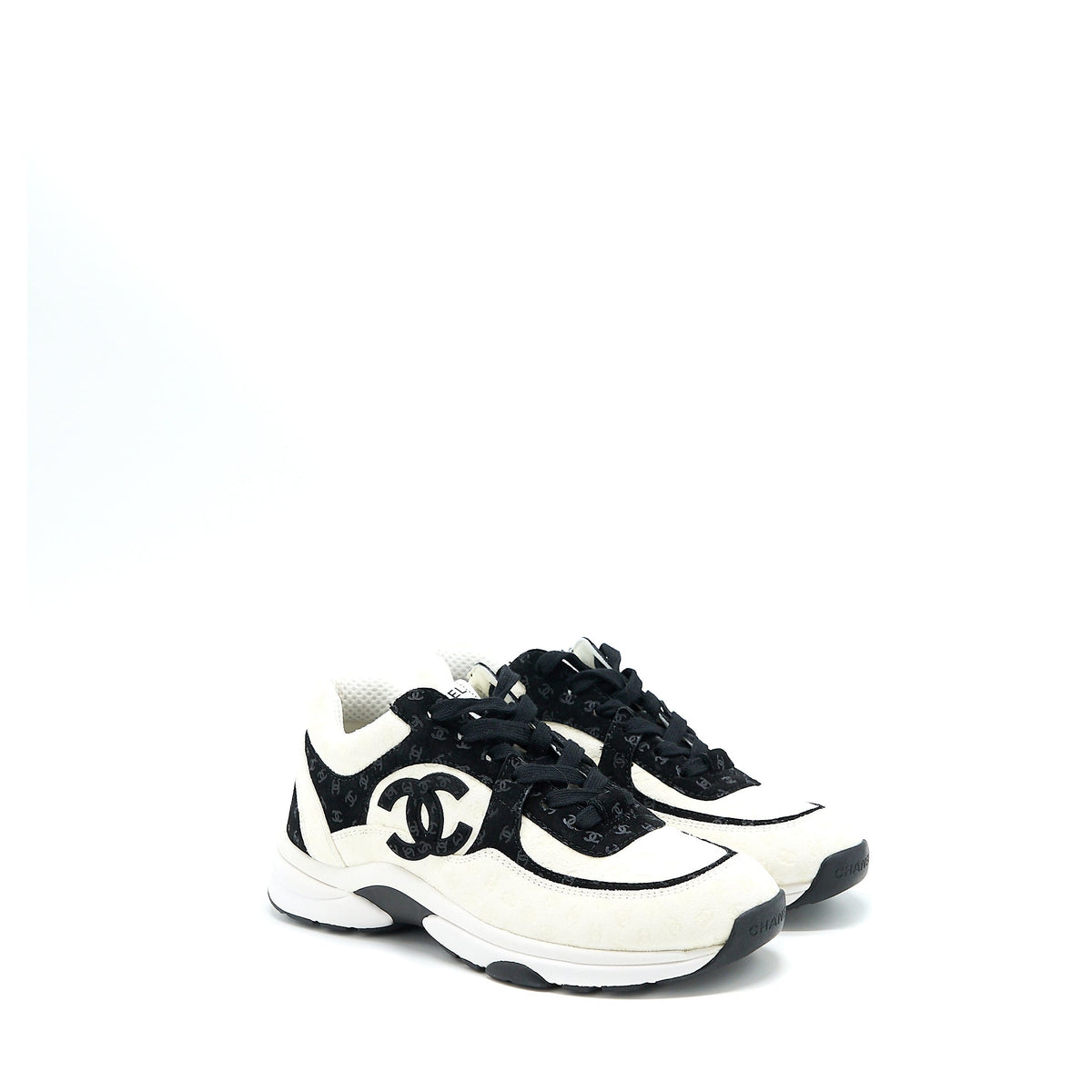 Chanel Size 38.5 22A Trainers Printed Suede Calfskin Black/White