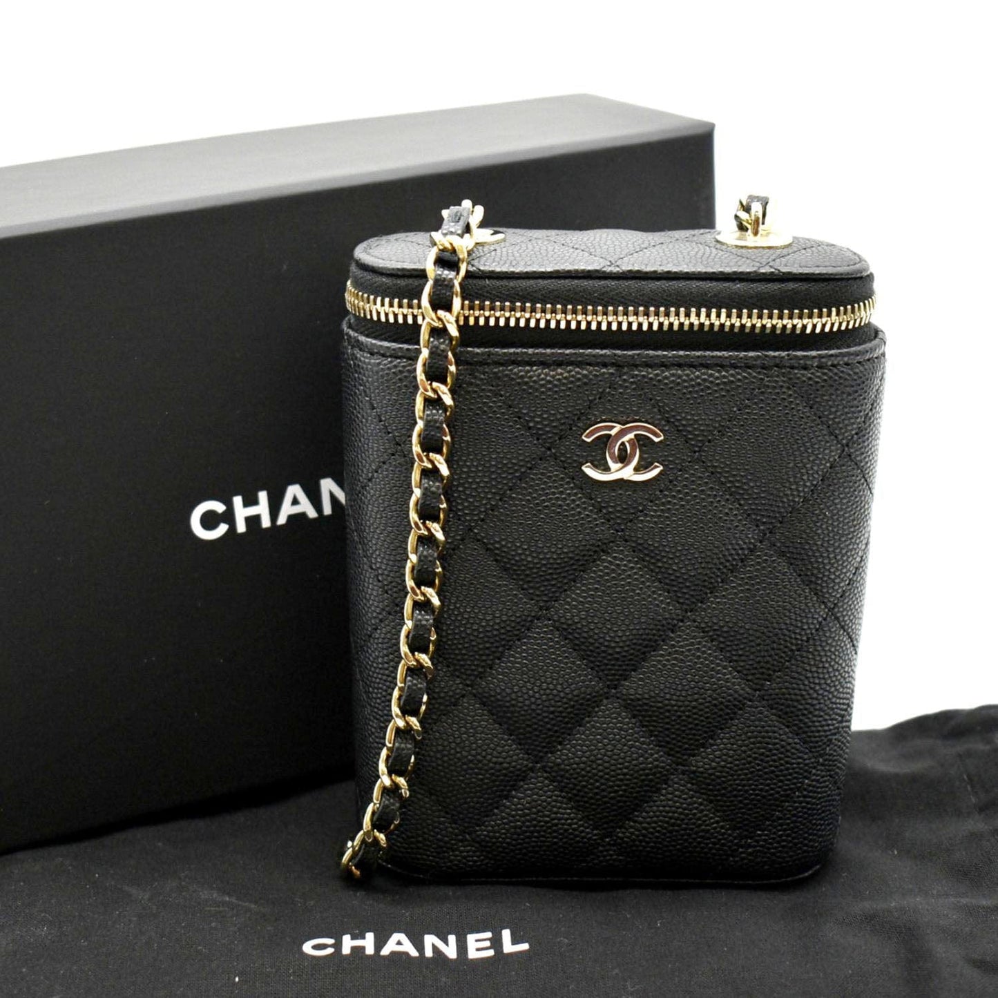 CHANEL Small Vertical Caviar Quilted Leather Chain Vanity Case Crossbody Black