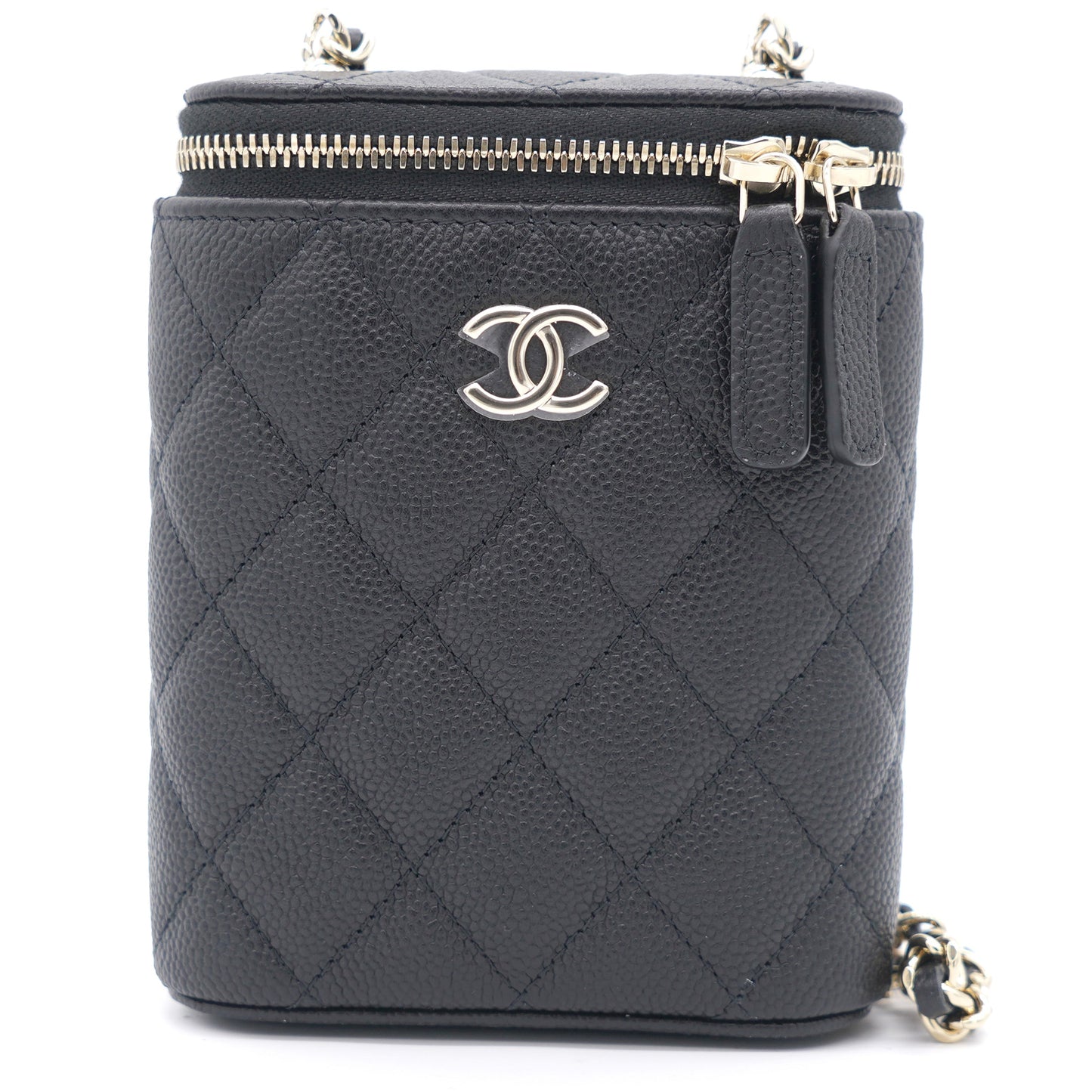 Chanel Caviar Quilted Small Vertical Coco Beauty Vanity Case With Chain Black
