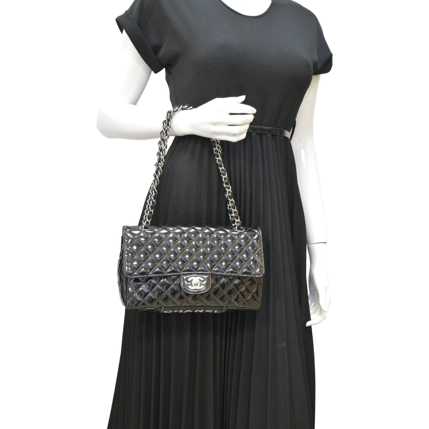 CHANEL Secret Label Flap Patent Leather Shoulder Bag Black