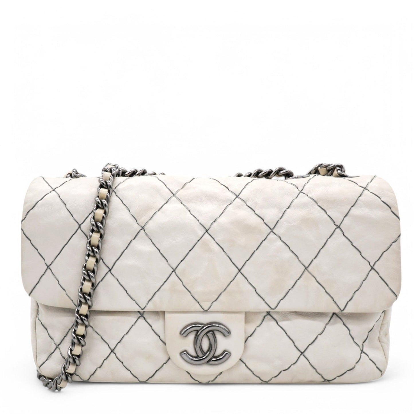 Chanel Glazed Goatskin Double Stitch Flap White