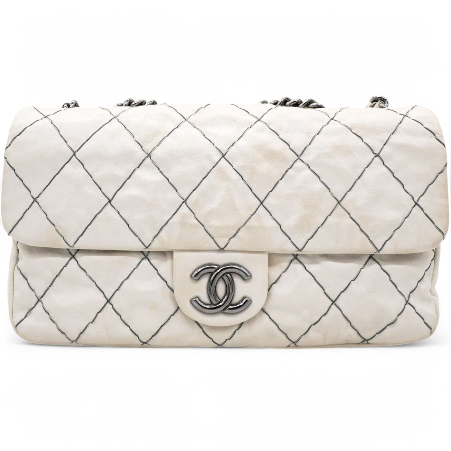 Chanel Glazed Goatskin Double Stitch Flap White