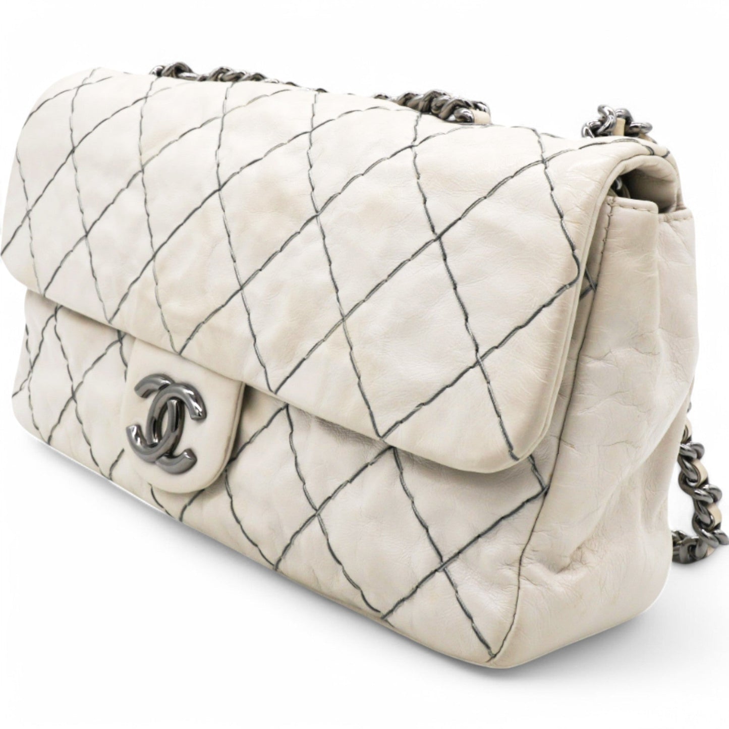 Chanel Glazed Goatskin Double Stitch Flap White