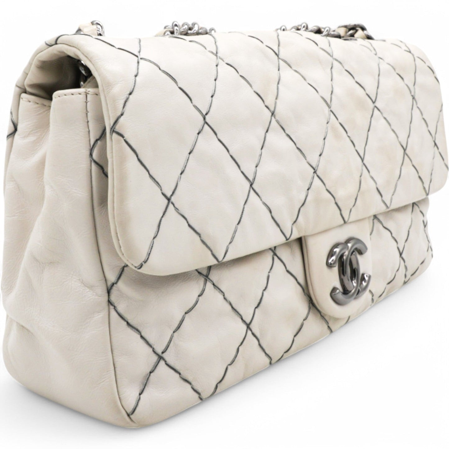 Chanel Glazed Goatskin Double Stitch Flap White