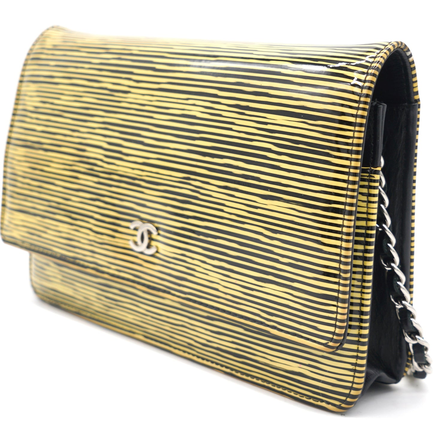 Chanel Yellow and Black Patent Calfskin Striped Wallet on Chain