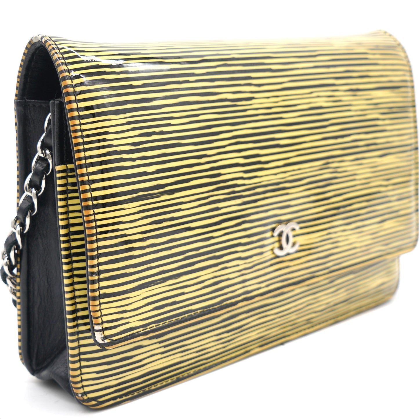 Chanel Yellow and Black Patent Calfskin Striped Wallet on Chain