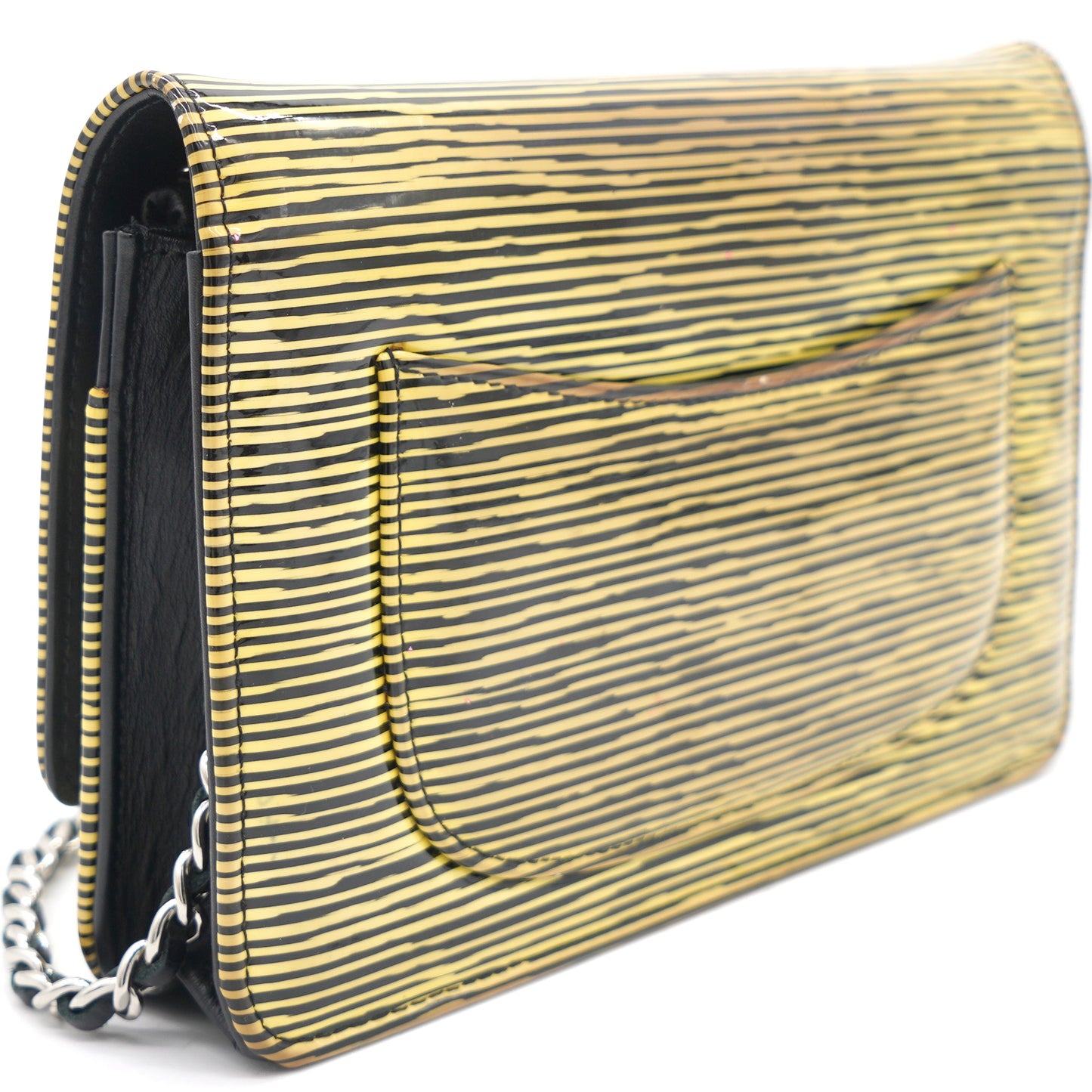 Chanel Yellow and Black Patent Calfskin Striped Wallet on Chain
