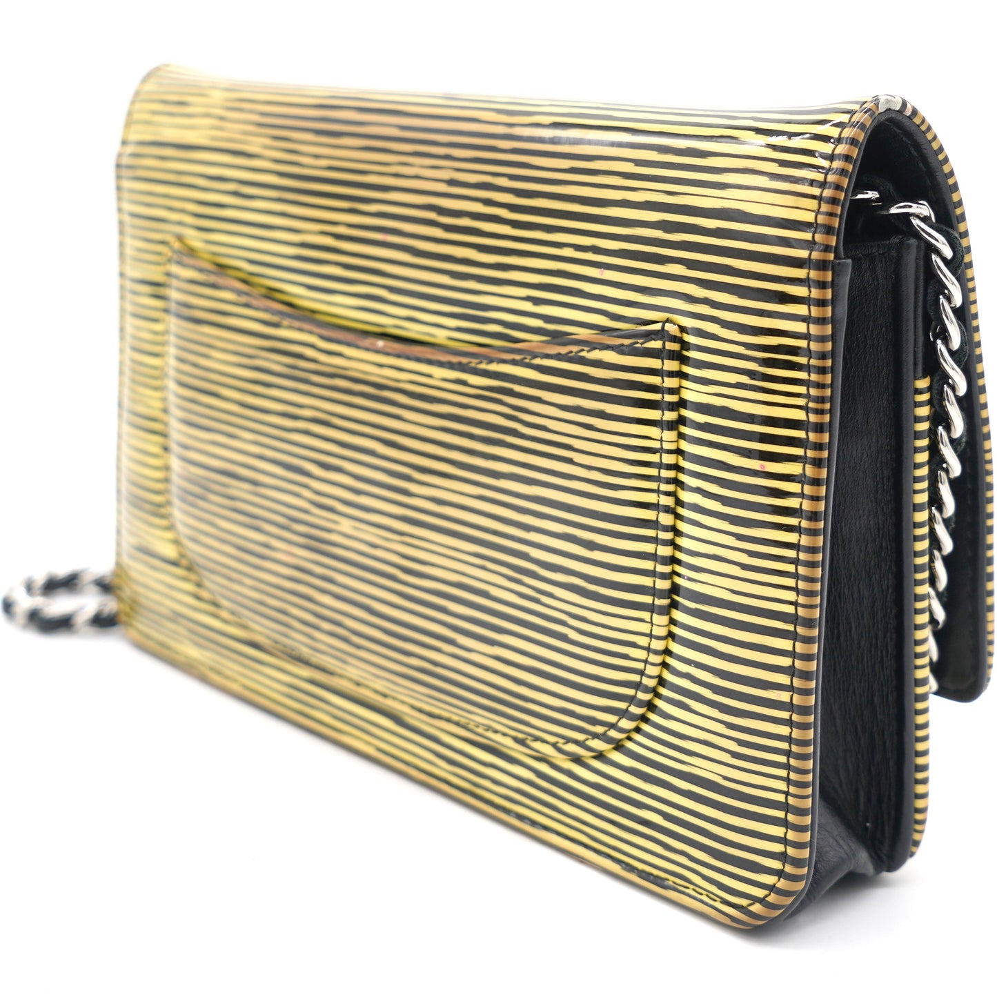Chanel Yellow and Black Patent Calfskin Striped Wallet on Chain